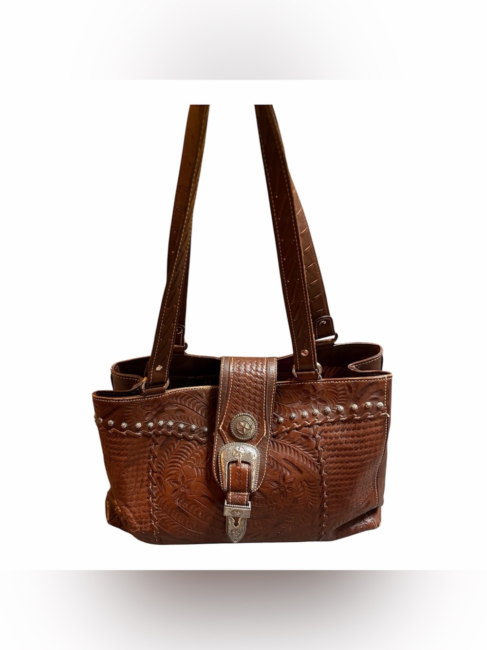América west Brown Tooled Leather Shoulder Bag